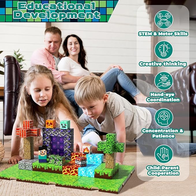 150 PCS Magnetic Blocks - Magnetic Building Block with 6 Base Plate, Stacking Magnets for Kids, Sensory Toy for Toddlers STEM Learning, Birthday Gifts for 3+ Years Old Boys Girls