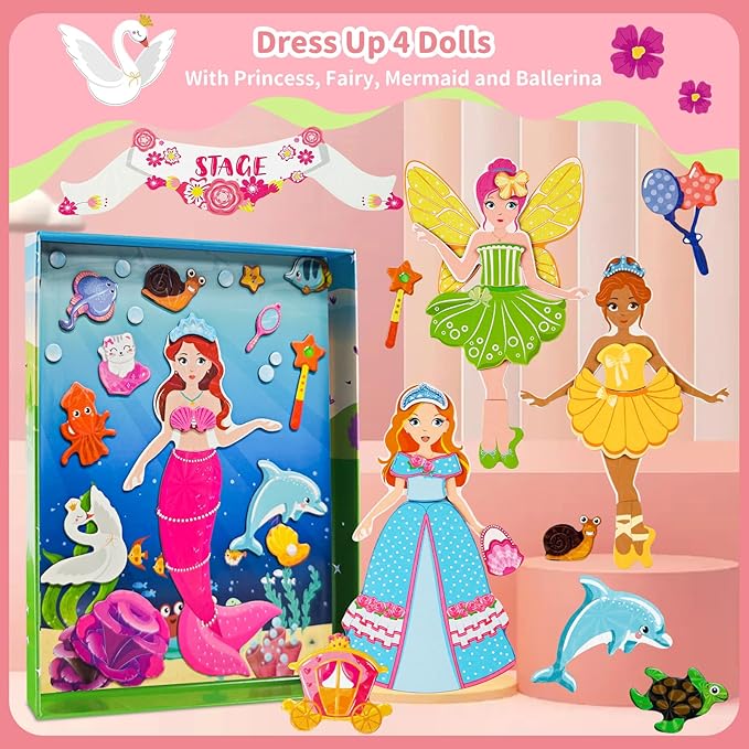 Magnetic Dress Up Dolls for Girls,Princess Mermaid Fairy Ballerina Magnet Dolls Dress Up Kits,Car Road Trip Airplane Activity Travel Games Toys Birthday Gift for Girls Ages 3 4 5 6 7