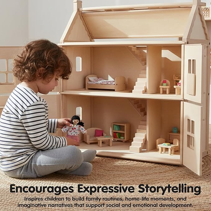 PlanToys® Mother Wooden Dollhouse Figurine | Poseable 1:12 Scale Mini Doll (5 Inch) | Dollhouse Accessories for Pretend Play | Eco-Friendly Montessori Toy for Kids Ages 3+