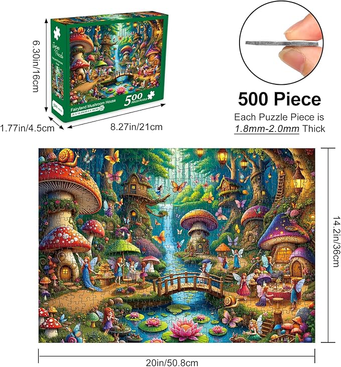 Rocorose 500 Piece Puzzles for Adults, Mushroom House Jigsaw Puzzle Challenging Fairy Mushroom Village Puzzle Holiday Party Educational Game Birthday Festival Gift