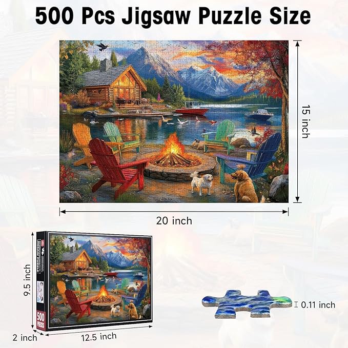 500 Piece Puzzles for Adults, Fall Landscape Jigsaw Puzzle with Letters on Back, Cardboard Puzzle with Lake, Mountain Cabin & Dogs, Challenging Puzzles for Game Nights, Home Decor,Birthday Party Gift