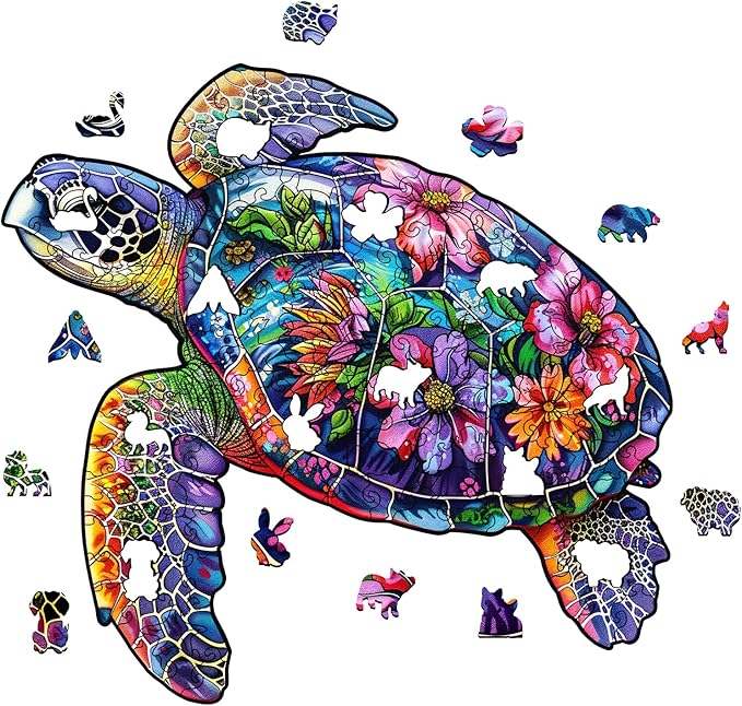 Wooden Puzzles for Adults, About 150 Pieces Unique Puzzles for Adults, Irregular Animal Shaped Wooden Jigsaw Puzzles, Creative Gift,11.1 x 5.5 inch, Turtle