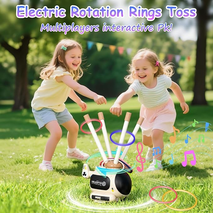 4-in-1 Music Jumping Toy Car,Dual Rotating Poles for Jumping & Dodging,Auto Flying Disc Launcher with Catching Net,Spinning Pole for Ring Toss,Kids outdoor toys,Games for Kids Boys and Girls (White)