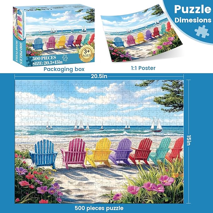 500 Piece Puzzles for Adults,Hawaiian Beach Rainbow Chair Puzzle for Adults Seniors,Recycled Paper Colorful Summer Sailboat Scene Jigsaw Puzzle,Challenging for Friends Men Women,20.5 * 15In