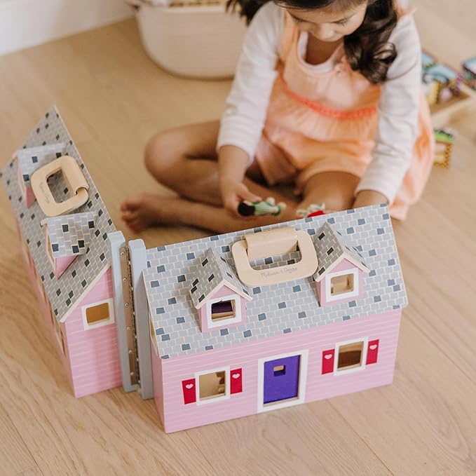 Melissa & Doug Fold & Go Wooden Dollhouse with 2 Dolls and 11 Pieces of Furniture - Portable Mini Doll House with Accessories and Toy Figures, Ages 3+