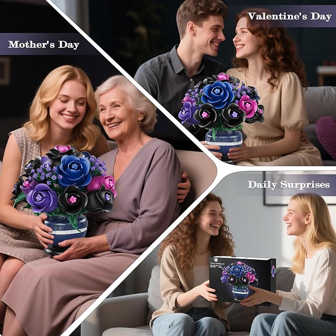 Flowers Botanicals Building Set - Artificial Purple Black Rose Bonsai Plant for Home Decor, 507PCS Artificial Flowers Building Set Indoor Gothic Decoration, Easter Birthday Gifts for Adults