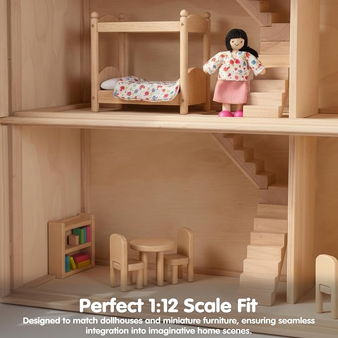 PlanToys® Mother Wooden Dollhouse Figurine | Poseable 1:12 Scale Mini Doll (5 Inch) | Dollhouse Accessories for Pretend Play | Eco-Friendly Montessori Toy for Kids Ages 3+