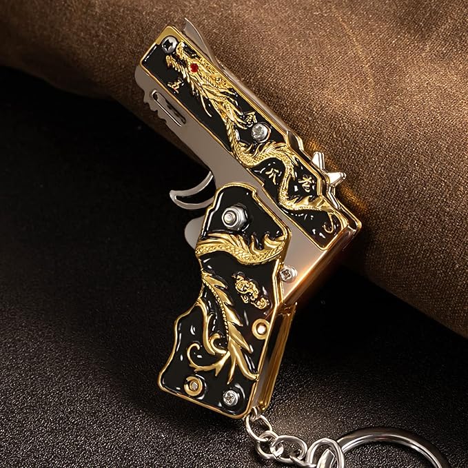 Mini Golden Dragon Rubber Band toy Metal folding keychain Rubber band toy Novel and funny Creative Outdoor party gift (Black Golden Dragon)