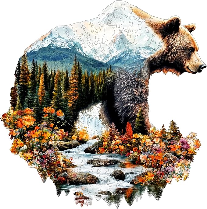 Wooden Puzzles for Adults - Bear and Nature Wooden Jigsaw Puzzle - Unique Animal Shaped Wood Puzzles Adult - Christmas Birthday Gifts for Adults/Friends/Family - 175pcs 11.4 * 11.5in