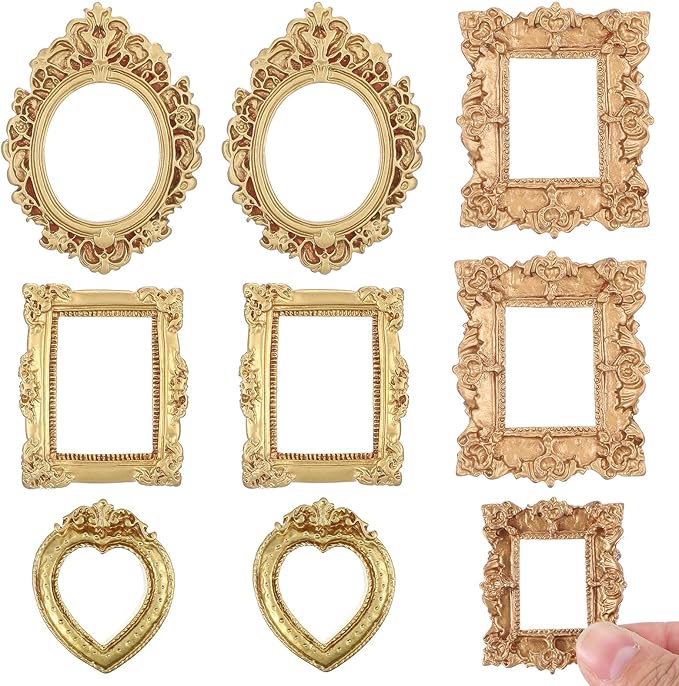 YUXIANLB 8 Pcs Miniature Dollhouse Mirror Set with Carved Golden Edges, European Style Victorian Baroque Wall Decor for 1/12 Scale Dollhouse Display, Mini Furniture Accessory Gold