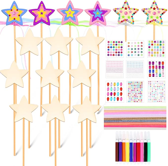 Chinco 57 Pcs Star Princess Fairy Wands Kit Make Your Own Princess DIY Art Craft Magical Wand Include 18 Star Wooden Fairy 9 Gem Stickers 20 Ribbons 10 Markers Party Supply