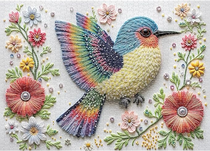 Gem Bird 1000 Piece Puzzle for Adults, Hard Challenging 1000 Pieces Jigsaw Puzzles for Adults, Colorful Art Style Bird Puzzles with Rhinestone Detail Look, Vibrant Stress Relief Game, 27.6"x19.7"