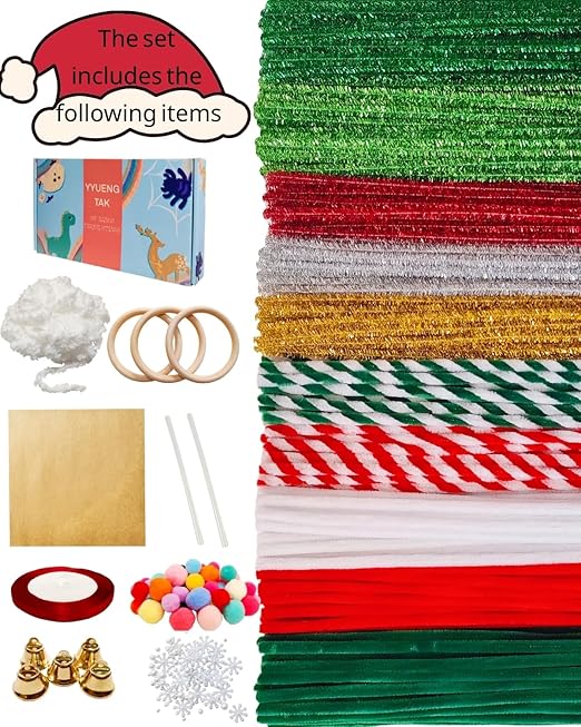 473 Pcs Christmas Pipe Cleaners Craft Set（Various Accessories）,Christmas Craft Kit with Wooden Rings,Card Paper,pom poms,Pearls for DIY Decorations,Christmas Party Supplies & Creative Gift
