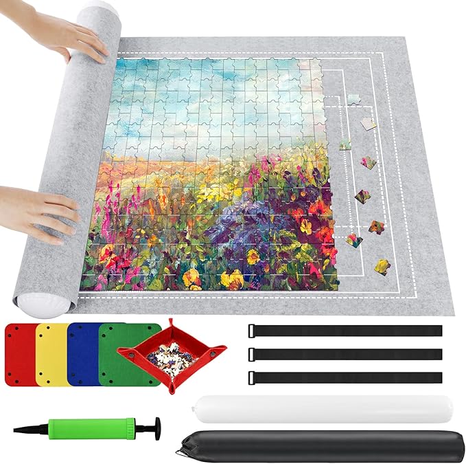 Ainiv Jigsaw Puzzle Mat Roll Up 2000 Pieces, 47” x 31.5” Portable Felt Puzzles Board with 4 Sorting Trays & Travel Storage Bag, Jigsaw Saver Pad Keeper for Adults Teens, Gray