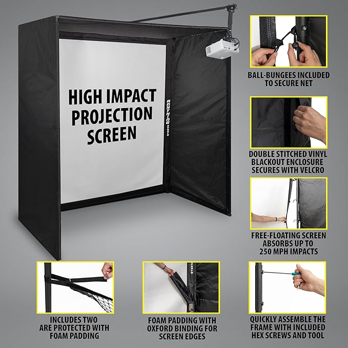 Complete Golf Simulator Enclosure Package – 4K-Ready Impact Screen with Blackout Cage, Projector Mount, Frame Poles, Side Shank Nets | Indoor & Garage Practice | Easy Setup | 12-Month Warranty