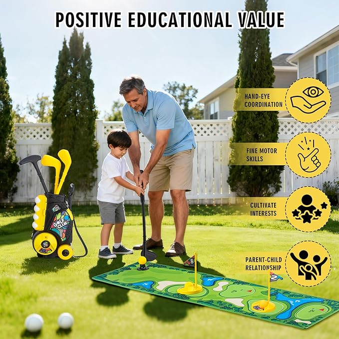Toddler Golf Set with Wheeled Cart, Kids Golf Clubs Toy with 47.2" Putting Mat, Upgraded Handles, 8 Balls & Training Accessories, Indoor Outdoor Golf Toys for Boys Girls Ages 3-8
