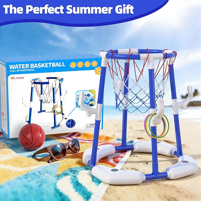 Pool Basketball Hoop for Kids 4-8 & 8-12 Years Old - 2-in-1 Floating & Above Ground Water Game with 4 Balls, 12 Rings & Pump, Outdoor Play Swimming Pool Toy for Adult Summer Party