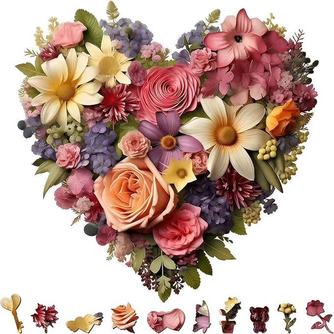218PCS Wooden Jigsaw Puzzle for Adults – Heart Shaped Floral Puzzle,12.5 x 12.4’’ Unique Cut Valentine’s Day Wooden Puzzles, Romantic Flower Art Puzzles for Wedding (Rose Heart)