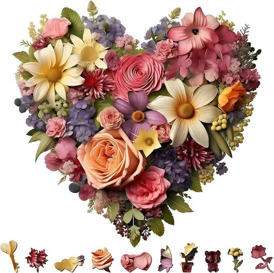 218PCS Wooden Jigsaw Puzzle for Adults – Heart Shaped Floral Puzzle,12.5 x 12.4’’ Unique Cut Valentine’s Day Wooden Puzzles, Romantic Flower Art Puzzles for Wedding (Rose Heart)