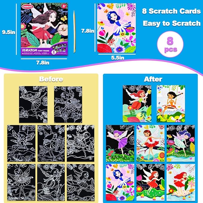 JUNQIU Scratch Art for Kids, Princesses Black Rainbow Scratch Art Paper Set-Arts and Crafts Kits & Supplies, Party Games & Activity, Gifts for Toddlers Girls Birthday Christmas