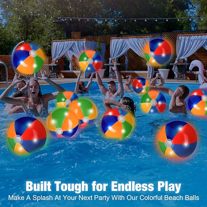 12 Pcs Light up Beach Balls 16'' Jumbo Pool LED Balls Glow in The Dark Neon Giant Inflatable for Summer Hawaiian Tropical Theme Beach Party Decor Water Accessory (Rainbow)