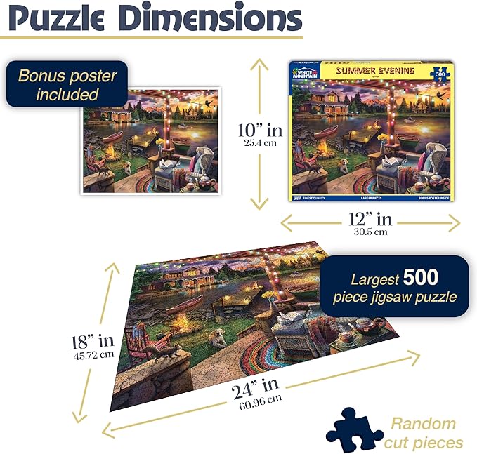 White Mountain 500 Piece Jigsaw Puzzle Lake Cabin Scenic Puzzles with Large Pieces Gift for Adults 18"x24" - Summer Evening