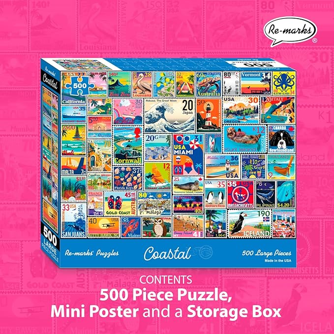 Re-marks Coastal Stamp Collage Puzzle, 500 Large Piece Jigsaw Puzzle for All Ages