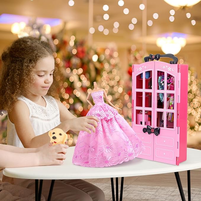 Ecore Fun 120 Pcs Fashion Doll Closet Wardrobe for Clothes and Accessories Storage Include Clothes, Dresses, Shoes, Shoes Rack, Bags, Necklace, Hangers for 11.5 Inch Girl Doll Clothes