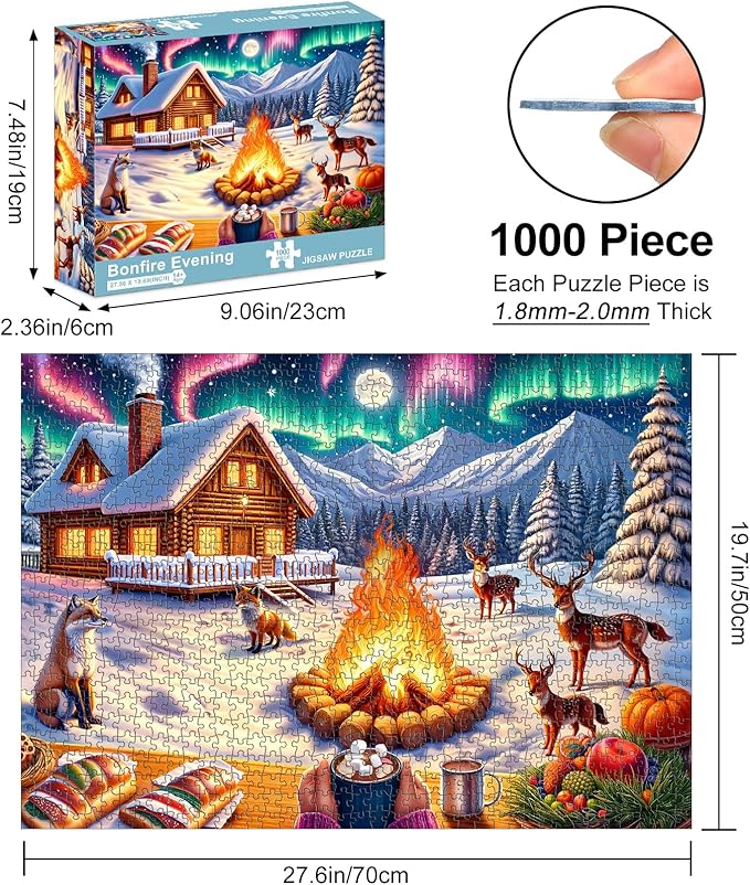 Rocorose Jigsaw Puzzles 1000 Pieces for Adults, Christmas Puzzle Winter Night Bonfire Evening Animal Funny Challenging Large Holiday Puzzles - Snowy Scene, Aurora, Christmas Tree, Fox, Deer