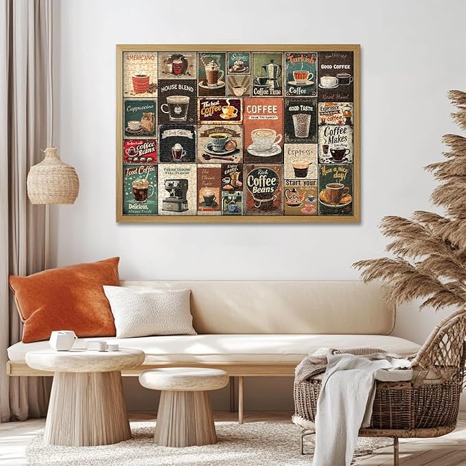 Vintage Coffee Collage Puzzles for Adults 1000 Pieces, PICKFORU Breakfast Food Jigsaw Puzzle Coffee Latte, Hard Difficult Retro Poster Theme for Home Wall Decor