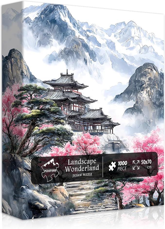 PICKFORU Landscape Puzzles 1000 Piece for Adults, Nature Mountain Scenic Puzzle with Cherry Blossom Tree, Vintage Flower Retro Scenery Unique Art Impossible Jigsaw Puzzle