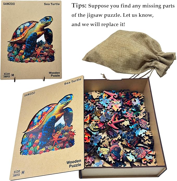 Wooden Jigsaw Puzzles for Adults and Kids, Sea Turtle 200 Piece Unique Shaped Puzzle, Family Game and Creative Wooden Puzzle Gift, Wall Art Decor