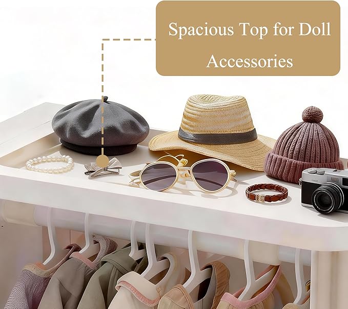 Foldable Wardrobe Closet, Doll Clothes Storage Box with 20 Hangers, Display Shelf & Dust Cover - Stackable Cabinet for 15/17cm Doll Clothes & Accessories