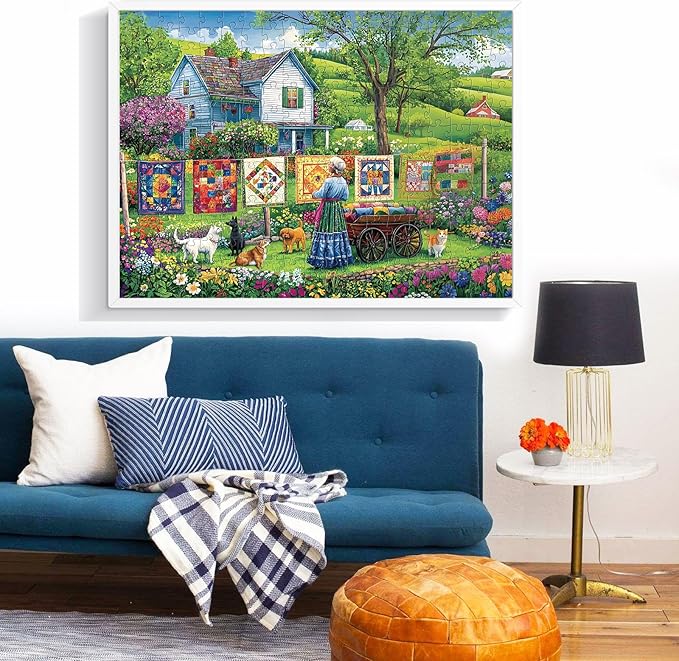 300 Piece Puzzles for Adults,Farm Grandma Jigsaw Puzzle for Adults Children Seniors,Large Piece Garden Puzzle for Kids Age 8-10 10-12,Vintage Country Quilts Puzzle,Family Game Great Gift 20.5x15in