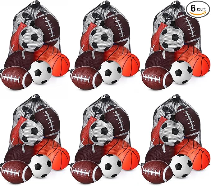 18 Pack Sports Balls for Toddlers Kids Bulk Playground Balls Set 5" Soccer Ball 6.5" Football & 5" Basketball with Hand Pump and Bag Indoor Outdoor Toys Sports Gifts(6 Set)