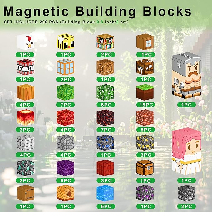 200PCS Magnetic Building Blocks Set – 0.8in Pixel World Construction Toys, Strong Magnets, STEM Creative Play Set for Kids Ages 3+, Village, Lava & Portal Scenes