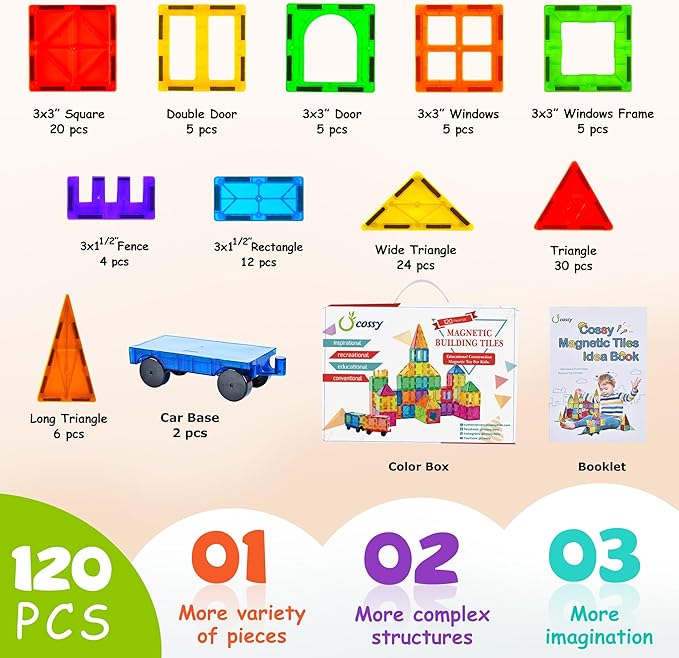 cossy 120Pcs Magnetic Tiles Magnetic 3D Building Blocks Set Educational Construction Toys for 3 4 5 6 7 8 Year Old Boy and Girl with Stronger Magnets, Educational Toys, Recreational, Conventional