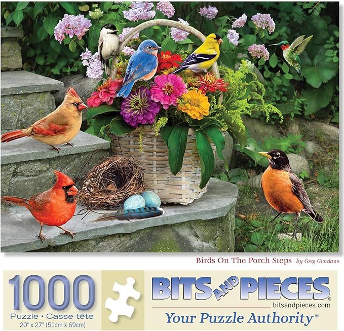 Bits and Pieces – 1000 Piece Jigsaw Puzzle for Adults – Birds On The Porch Steps - Flowers Jigsaw Puzzle by Greg Giordano, Completed Puzzle Size: 18" x 24"