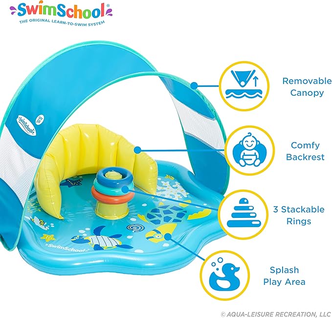 SwimSchool Infant Baby Pool Floats, Free Swimming, Super Buoyant – Ages 6-24 Months – Multiple Colors/Styles – Adjustable Canopies and Seats, Splash & Play Baby Floaties