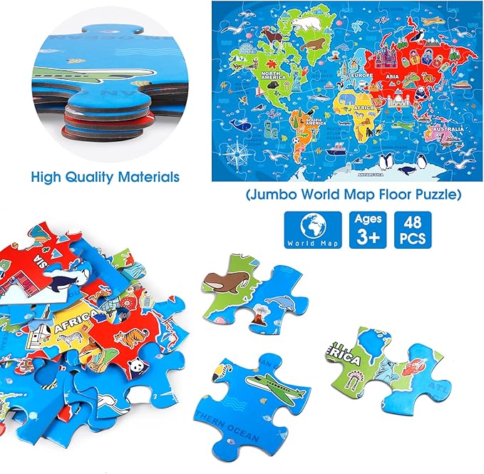 Jumbo Floor Puzzle for Kids,World Map Jigsaw Geography Puzzles,48 Piece Globe Atlas Puzzle with Continents,United States Puzzle for Ages 3-5,Preschool Learning Toys Easter Gift for 4-8 Years Old