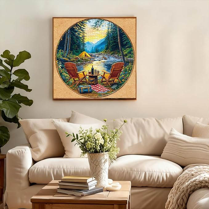 Round Jigsaw Puzzle 1000 Pieces - Scenic Mountain Camping Design - 26.6" Circular Challenge, Wilderness Landscape Art, Mindful Activity Gift for Nature Lovers