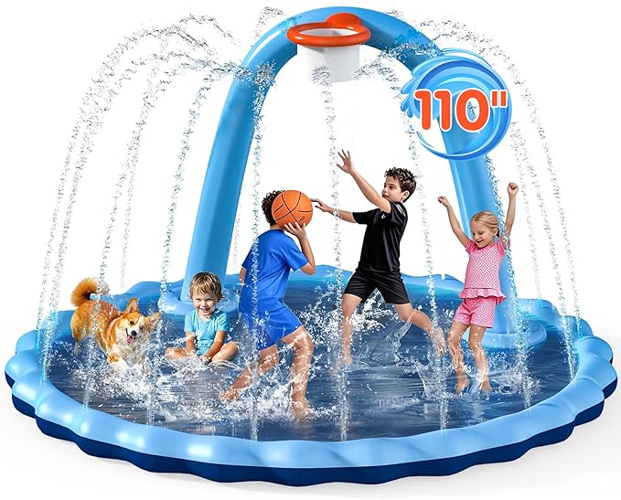 Splash Pad for Kids and Dog, 110" 2-in-1 Large Sprinkler Mat with Basketball Hoop and Arch for Kids Outdoor Play, Shoot Game for Backyard, Inflatable Water Toys More Fun for Boys and Girls