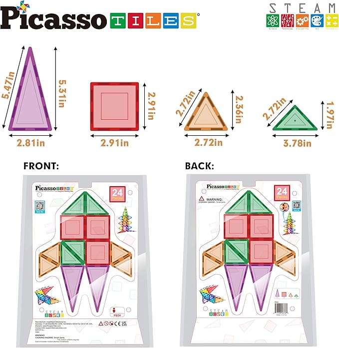 PicassoTiles Magnet Tile Building Block Set Magnetic Construction Square Triangle Tiles Toy Kit Sparking Creativity Geometric Shapes STEM Educational Learning Brain Development Kids Ages 3+ PB24