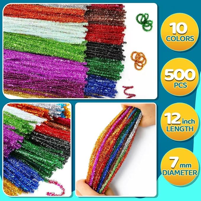 GAGANIU 500pcs Pipe Cleaners, Pipe Cleaners for Crafts, Craft Supplies Multicolor Chenille Stems for Art&Craft Christmas DIY Projects(10colors,Glitter)