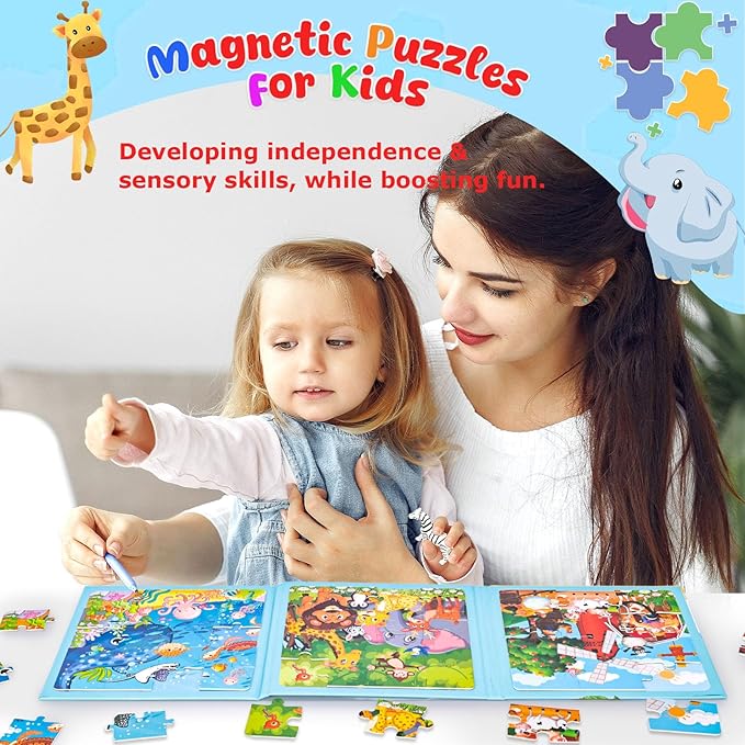 LovesTown Magnetic Puzzles Book Animal Educational Learning Toys Travel Game for Toddlers Boys and Girls Road Trip Activities