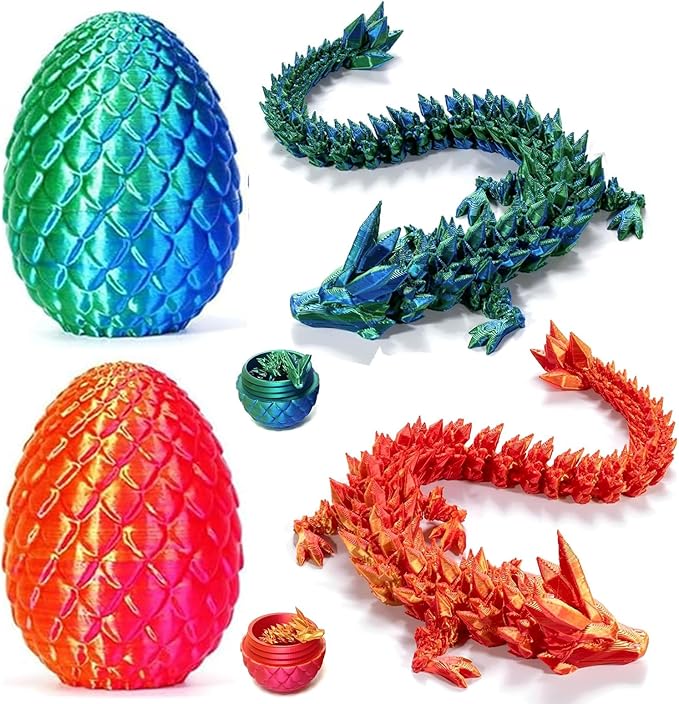 3D Printed Dragon Easter Egg,8.5in. Articulated Crystal Dragon Fidget Toy,Perfect Basket Essentials Stuffers (2sets & Bluegreen/RedGold, L8.5inch Dragon&H3.5inch Egg)