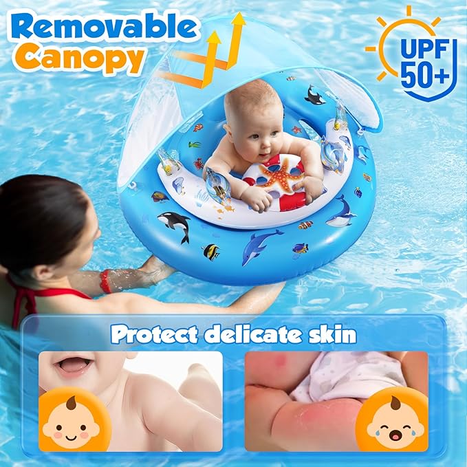 Baby Pool Float with Canopy UPF50+ Sun Protection, Inflatable Kids Pool Floats with Toy Play Console for Baby 6-36 Months, Infant Swimming Float with Adjustable Safety Seat for Boys Girls