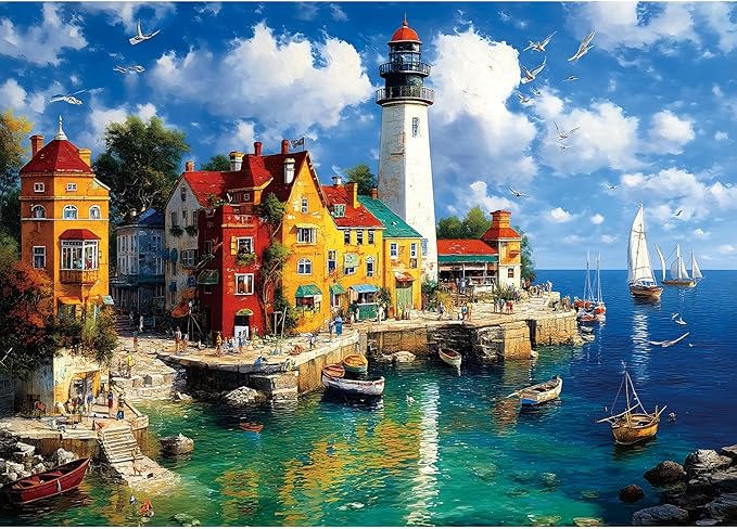 Colorful Coastal Lighthouse 1000 Piece Puzzle for Adults, Fun Puzzles for Adults 1000 Pieces with HD Print & Poster, 27.5 * 19.7 in Dust Free, for Gifts Halloween Christmas Family Games Lovers
