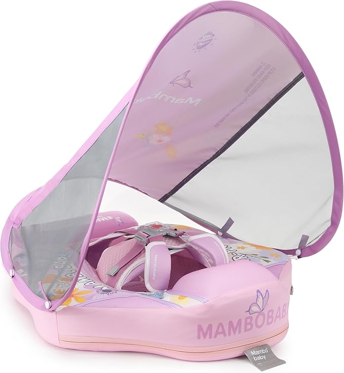 Mambobaby Baby Swim Float with Canopy Non-Inflatable Infant Pool Float with Tail 3-24 Months Avoid Flip Solid Skin-Friendly Material for Toddler Boys Girls