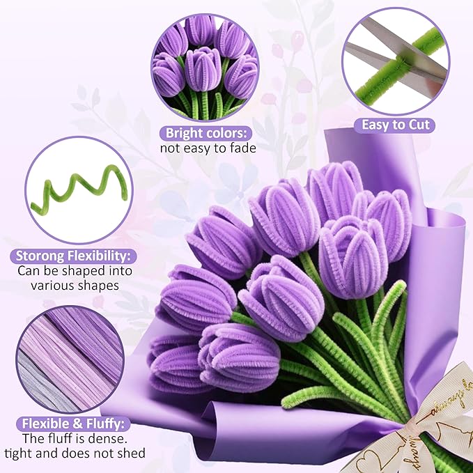 500 Pcs Pipe Cleaners Craft Kit for Flower Making, Complete DIY Bouquet Set with Chenille Stems, Craft Wire, Stamen, Tape, Ribbon & More, Perfect for Arts, Handmade Gifts & Decorations